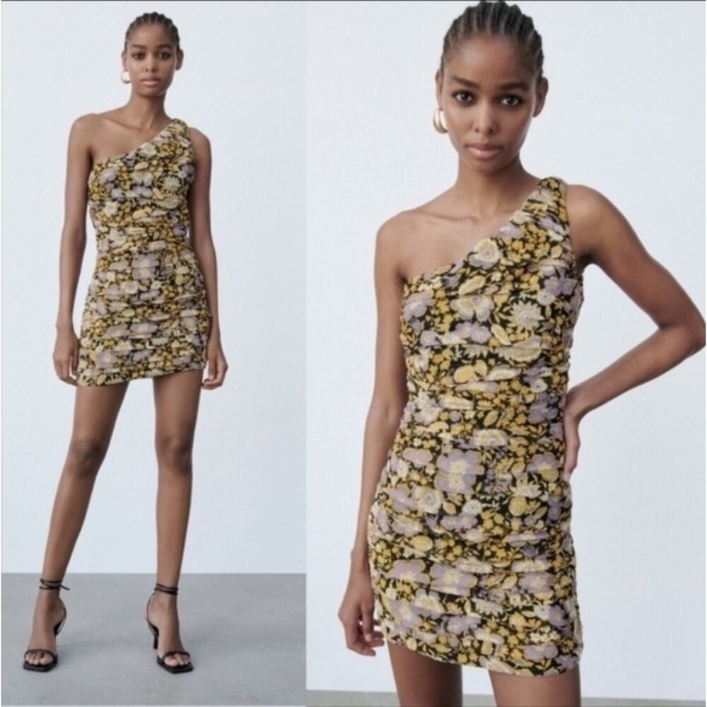 NWT Zara One Shoulder Floral Mini Dress Pleated Fabric